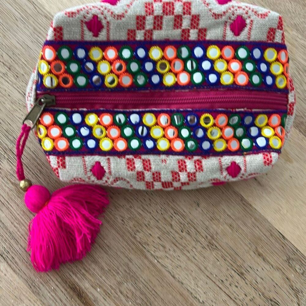 Lovestitch boHo embroidered pink tassel pouch bag clutch beige